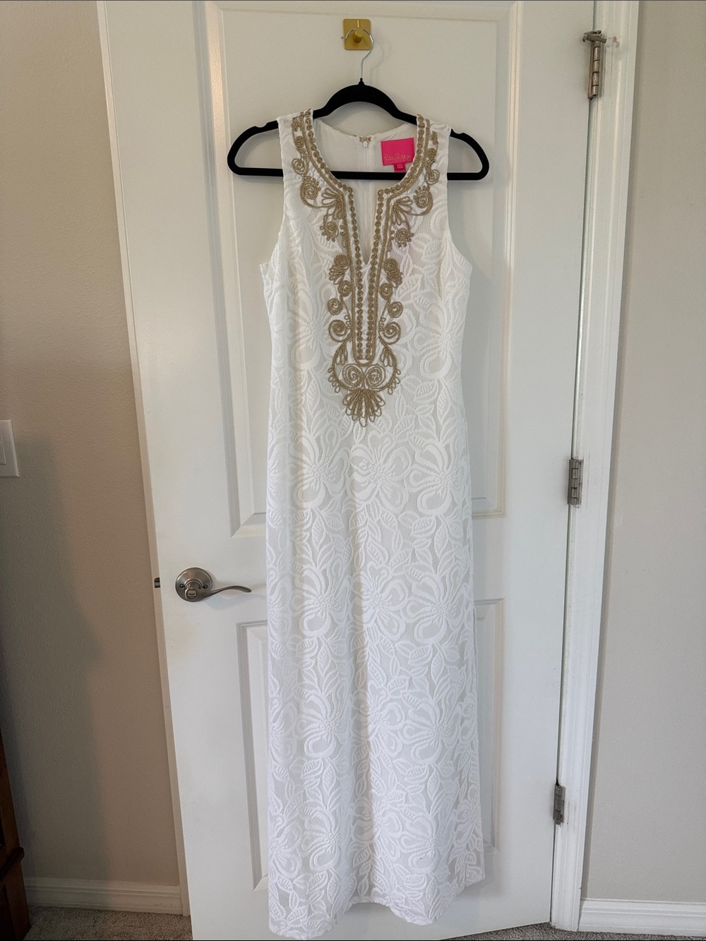 lilly pulitzer white dress with gold Women's Carlotta Maxi (Resort Wildflower Stripe Lace) (Size 2) graduation lilly pulitzer white dress